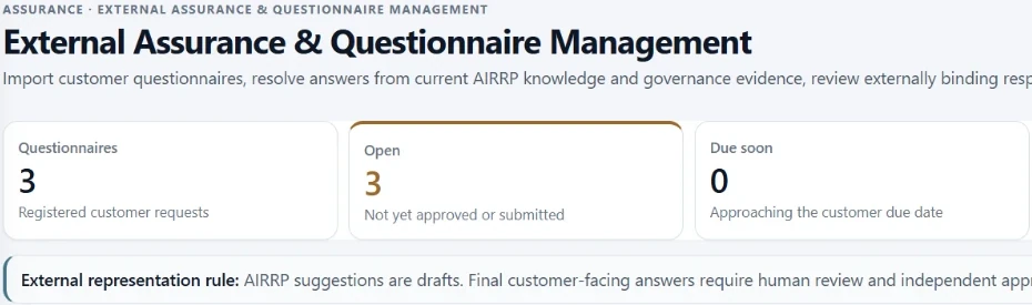 AIRRP External Assurance and Questionnaire Management: import customer questionnaires and resolve answers from current AIRRP knowledge and governance evidence; 3 questionnaires registered, 3 open, 0 due soon; final customer-facing answers require human review and independent approval.